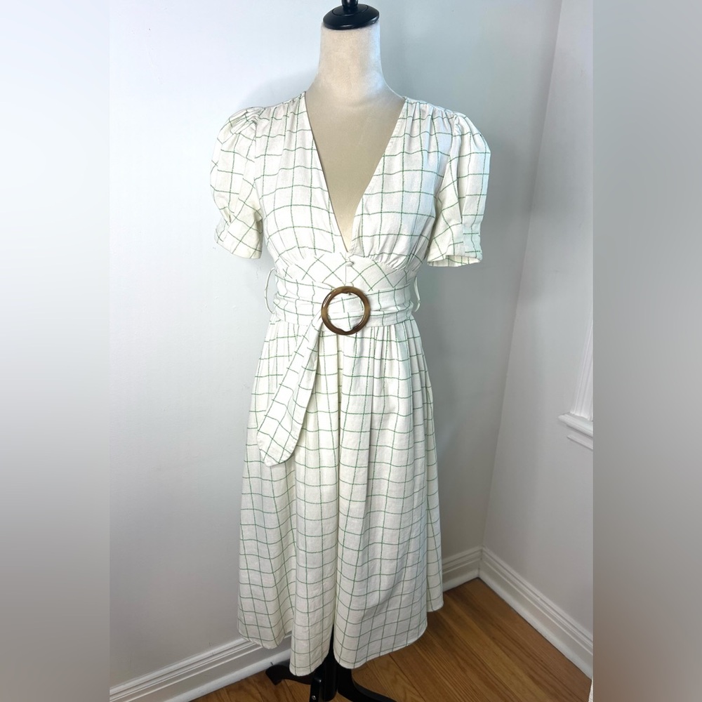 Anthropologie Moon River Midi Dress Cream Green Linen Cotton Blend SZ XS EUC